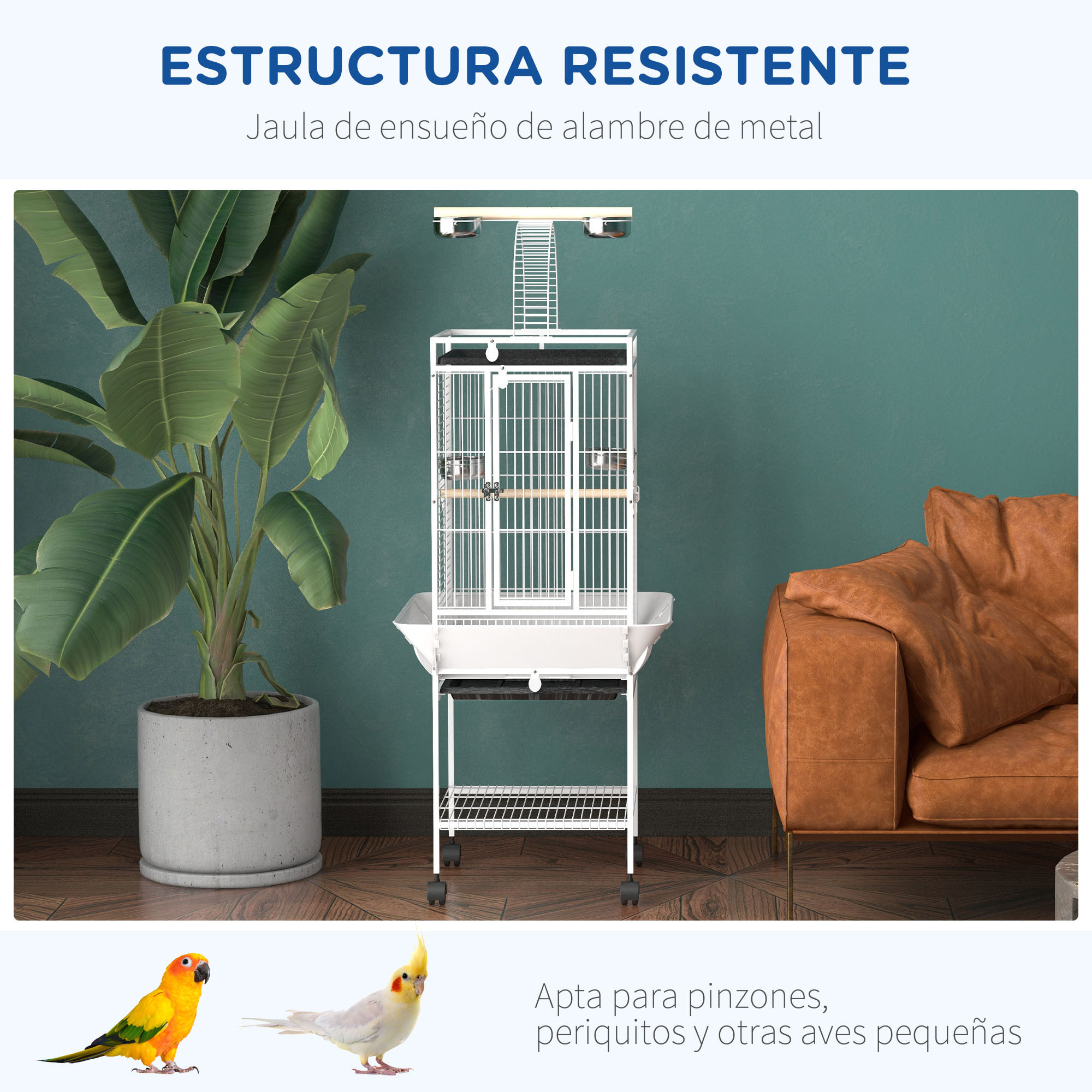 Jaula para Pájaros Jaula para Loros con Ruedas Perchas Comederos Estante Puente Arqueado y Bandejas Extraíbles Pajarera para Cacatúas Cotorras 62,5x62,5x156 cm Blanco