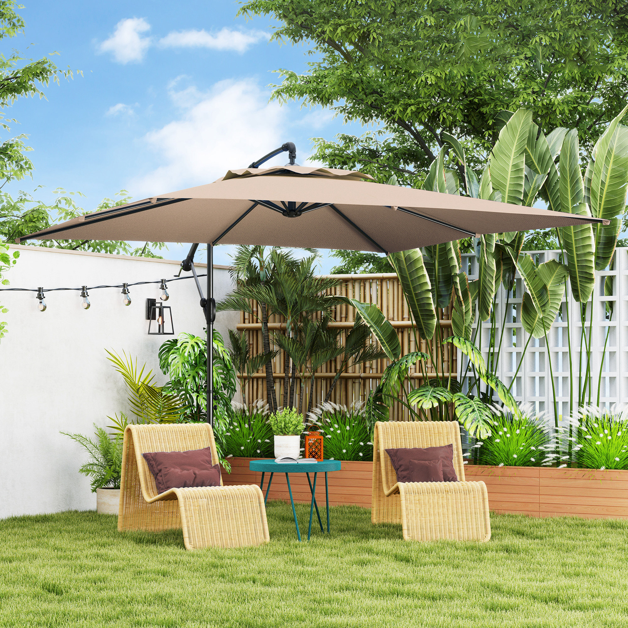 Parasol déporté carré 3 x 3 m réglable piètement croix manivelle tissu haute densité 180g/m² UPF50+ kaki