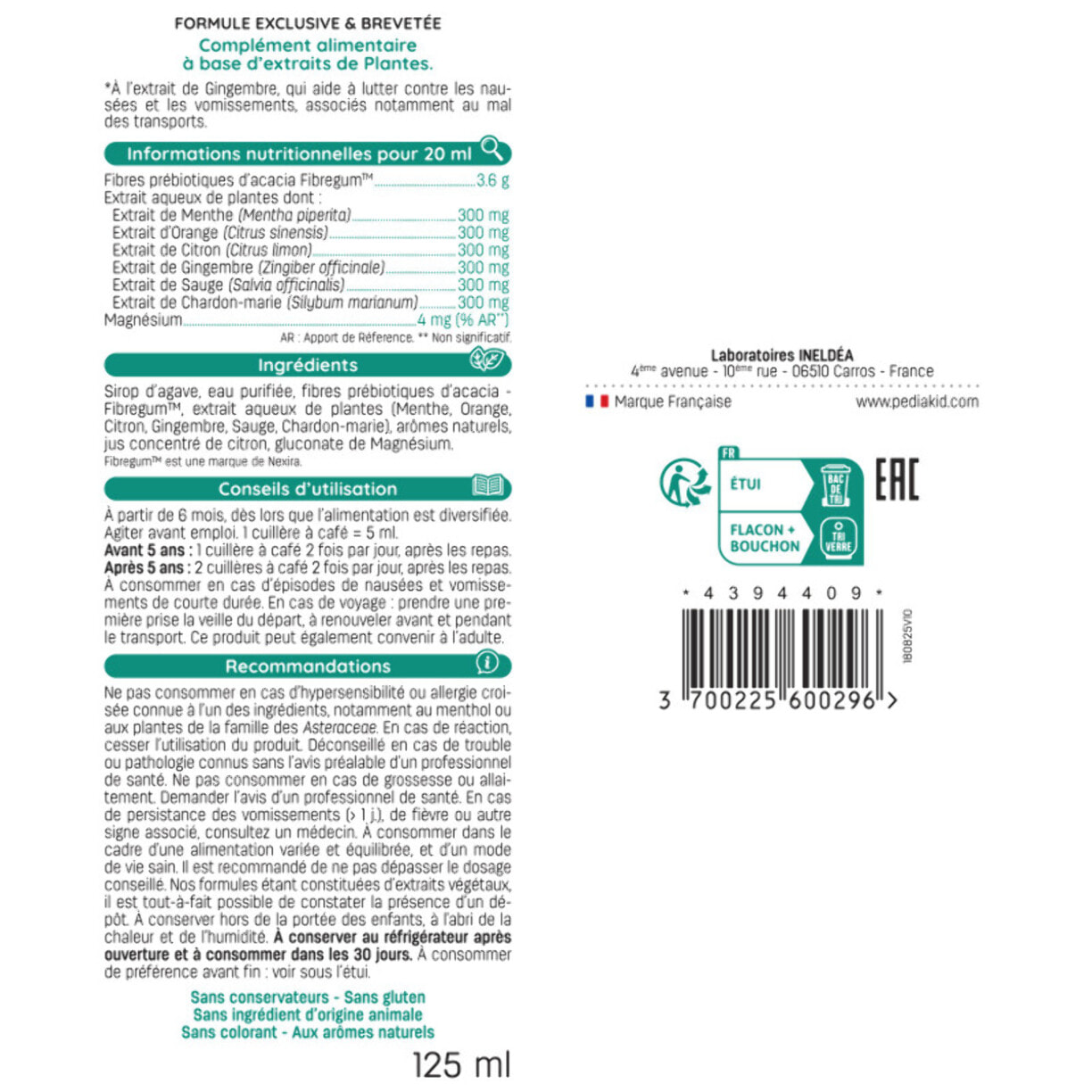 PEDIAKID - Sirop Nausées-vomissements Mal des Transports - Complément alimentaire à base de plantes - Confort digestif - Contre les nausées & vomissements - Goût citron - Flacon 125 ml