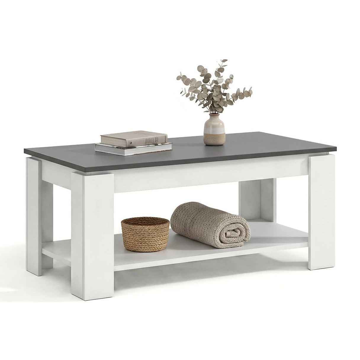 Mesa de centro elevable con almacenaje en blanco mate y gris grafito 102x43-54 cm Lya Blanco Artik (Blanco Mate) - Gris Grafito