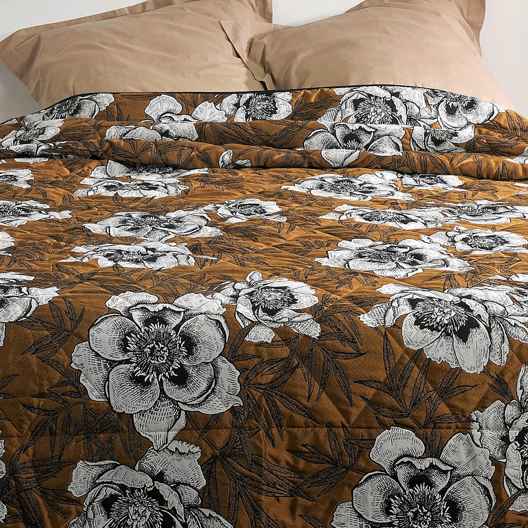 Jeté de lit aux impressions florales - Jaune moutarde