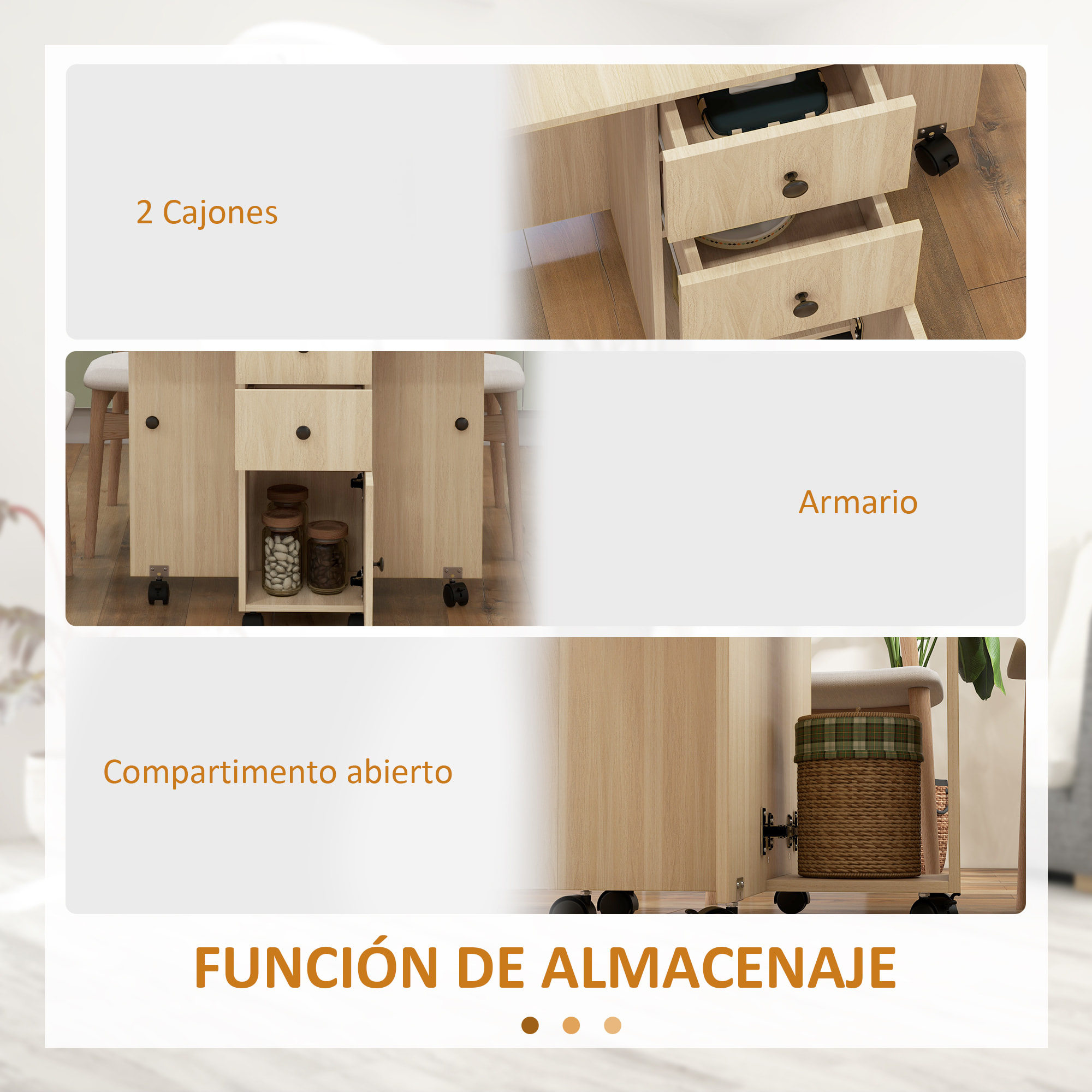 Mesa Plegable de Comedor Mesa de Cocina Plegable con Ruedas Alas Abatibles Cajones y Armario Mesa Plegable para 4-6 Personas 120x60x76,5 cm Natural