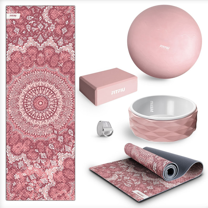 Kit de yoga et Pilates ROSE 5 accessoires avec tapis, bloc, ballon, roue et sangle