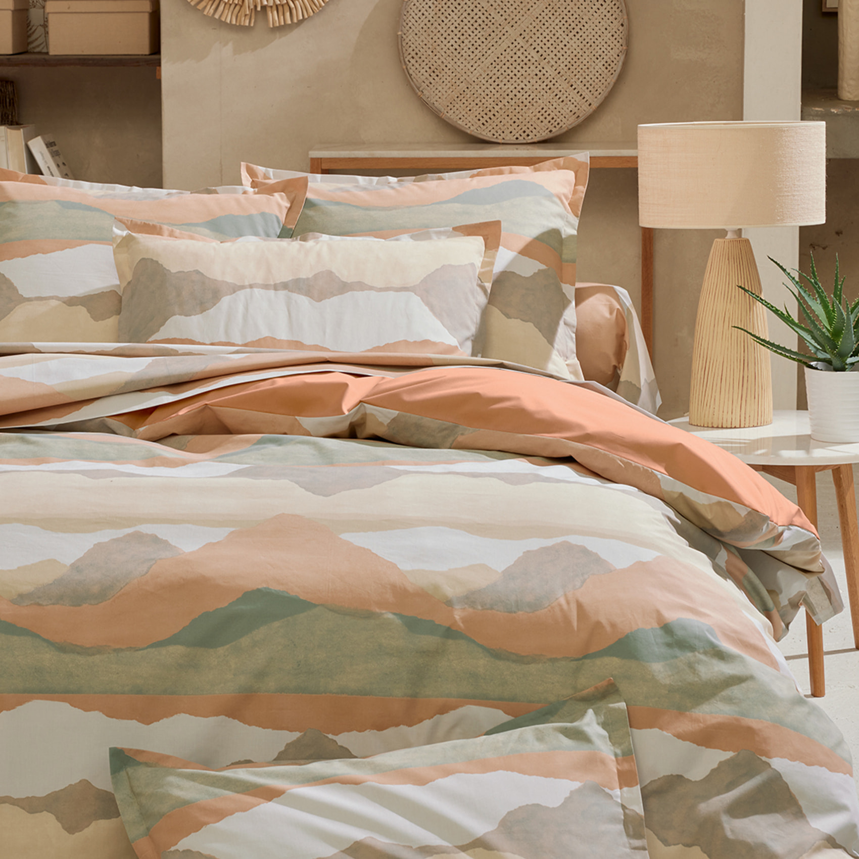 Parure de lit 2 pièces percale de coton paysage abstrait housse + taie - Beige