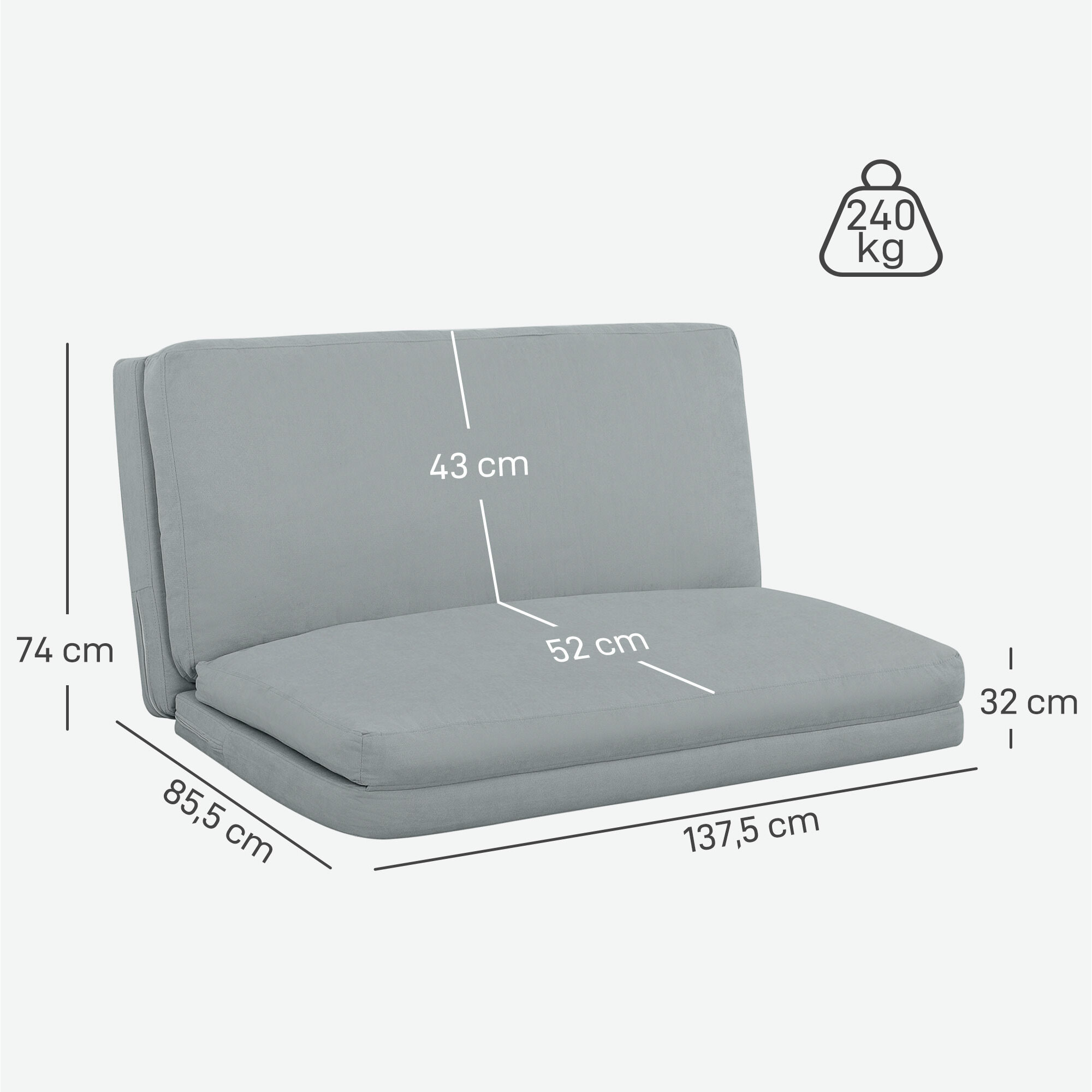Fauteuil paresseux chauffeuse 4 parties dim. 137,5 x 85,5 x 74 cm tissu toucher lin gris clair