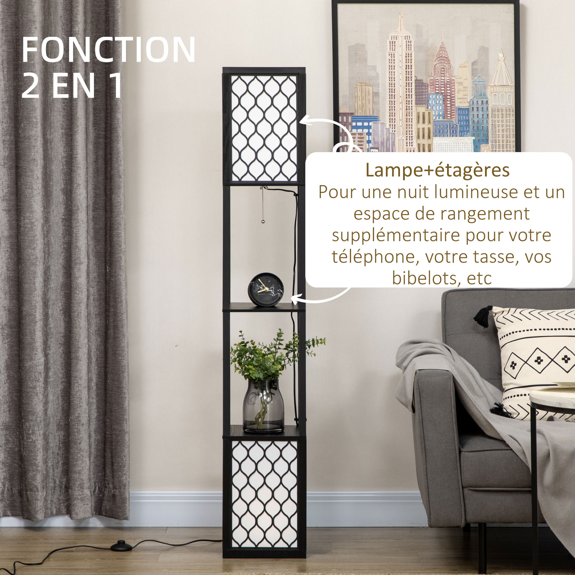 Lampadaire étagère lampe étagère dim. 26L x 26l x 156H cm 2 étagères MDF motif nid d'abeille noir