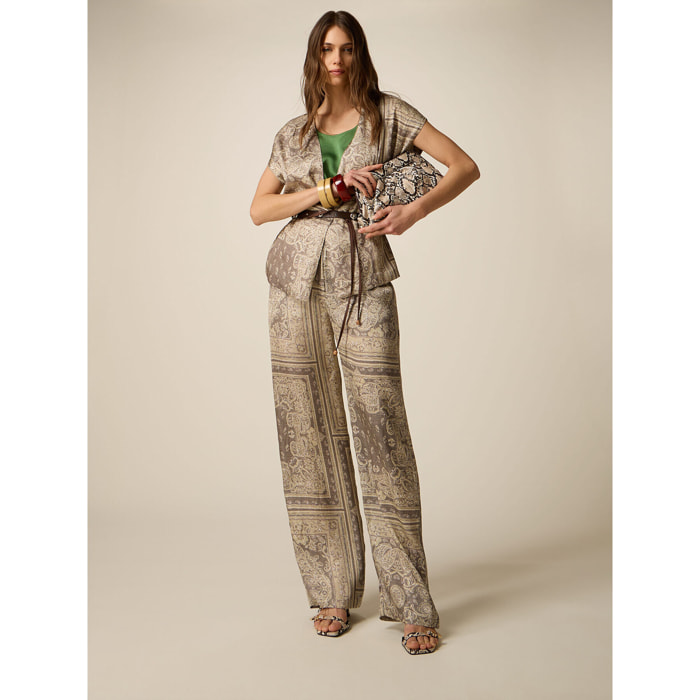 Oltre - Pantalones palazzo de satén estampado - Beige