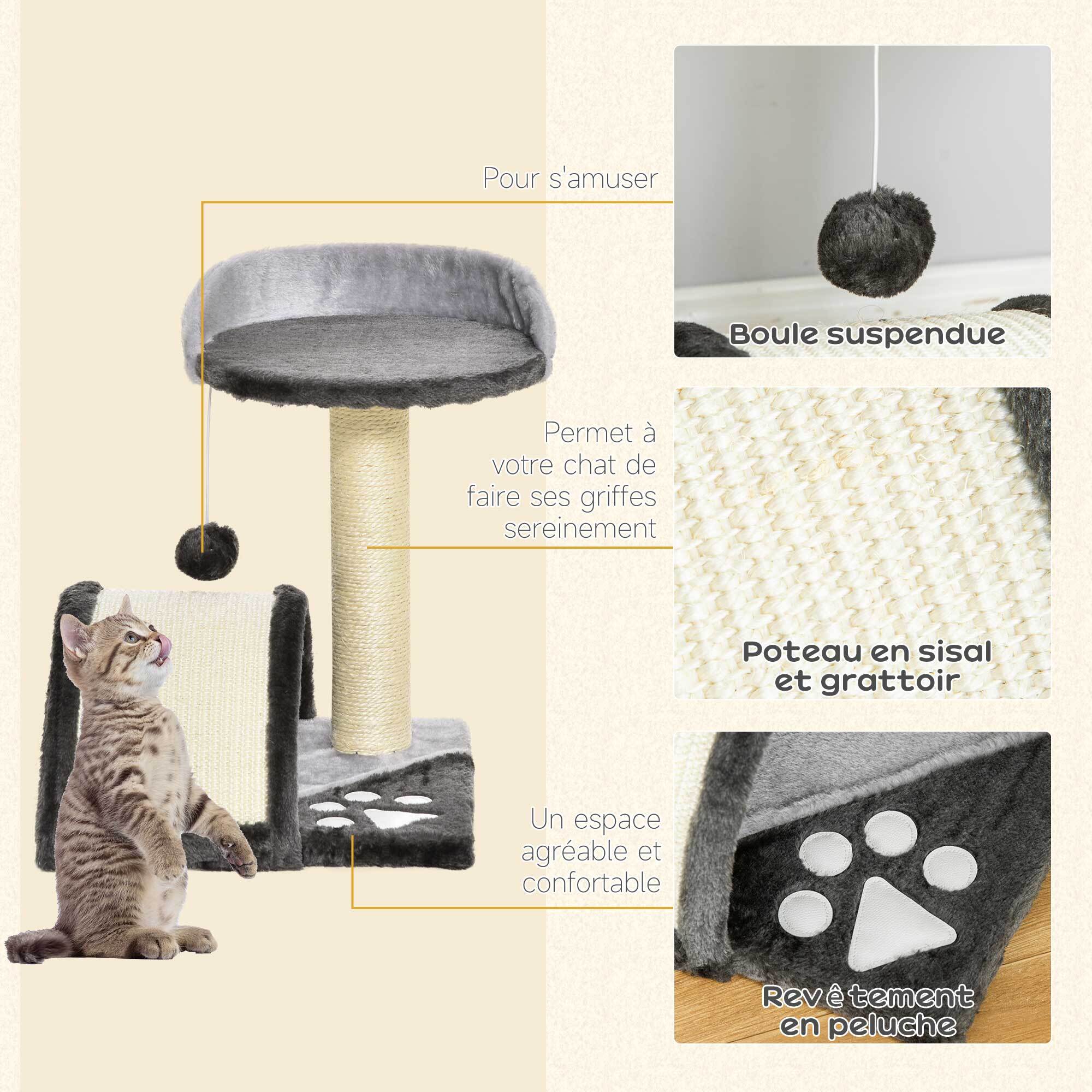 Arbre à chat griffoir grattoir design jeu boule suspendue + plateforme peluche sisal naturel gris