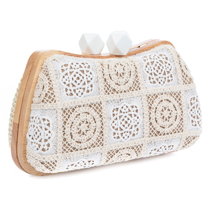 Bonamico Bolso bandolera Mujer. Fabricado en madera natural, algodón y paja trenzada.