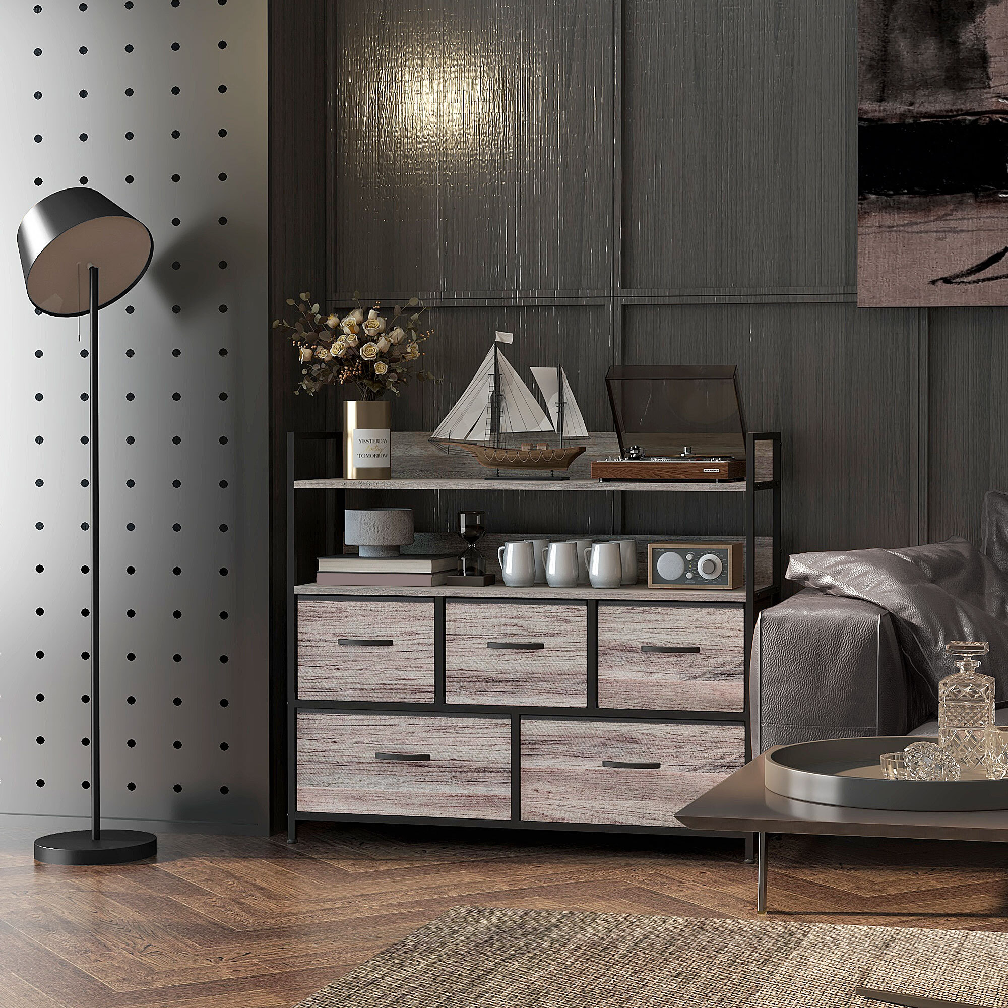 Commode style industriel - 5 tiroirs, 2 étagères - acier noir MDF non tissé effet bois gris