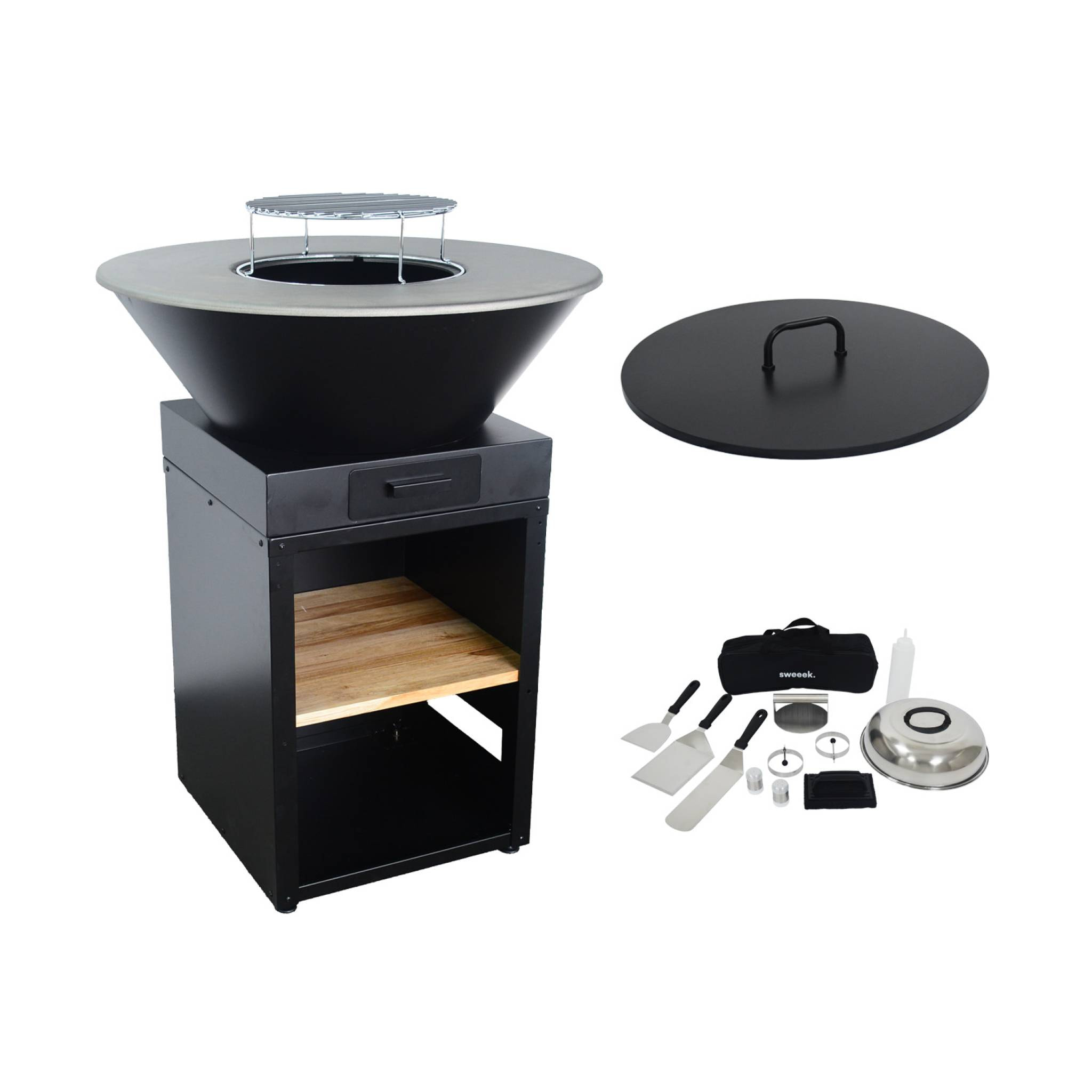 Brasero barbecue Ø81,5cm avec grille de cuisson, espace de rangement, couvercle et ustensiles MOMBACHO