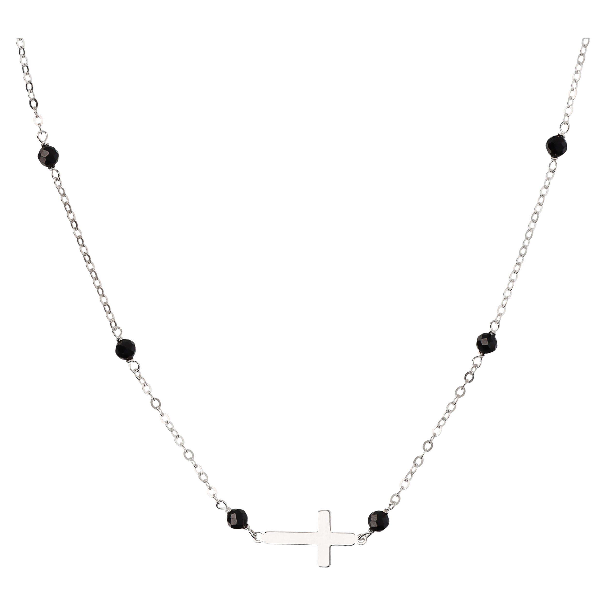 Collana Catena Rolo con Spinello Nero e Pendente Croce Argentato in Argento 925 placcato Rodio