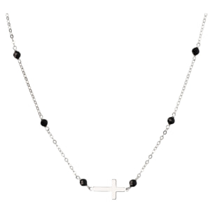 Collana Catena Rolo con Spinello Nero e Pendente Croce Argentato in Argento 925 placcato Rodio