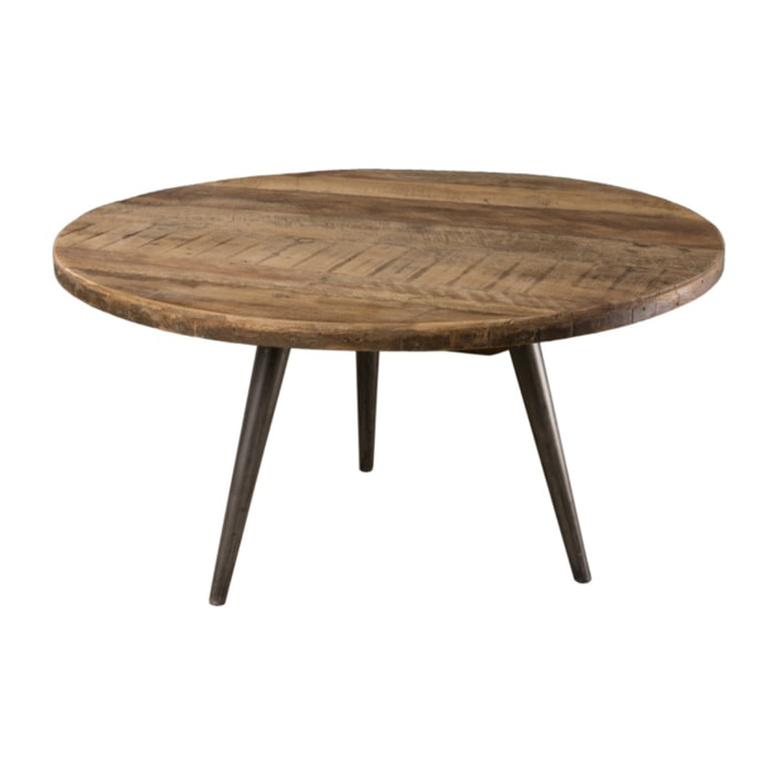 SIXTINE - Table basse d'appoint marron ronde 55x55cm teck recyclé pieds métal