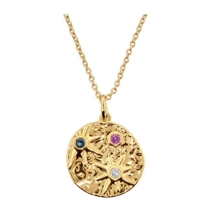 Collana Catena Rolo e Ciondolo Tondo con Stelle in Rilievo e Cubic Zirconia Colorate