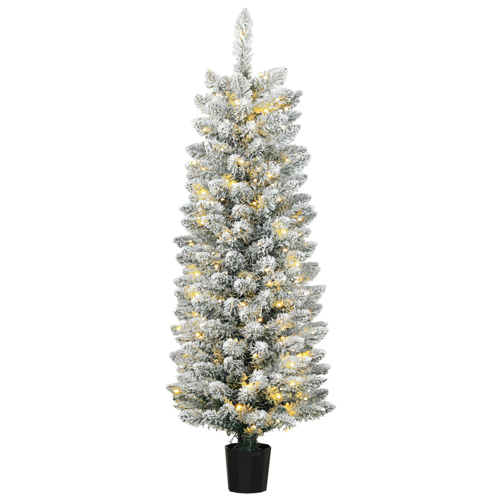 Árbol de Navidad Nevado con 100 Luces LED, 120 cm, Árbol de Navidad, 8 Modos, 180 Ramas, Base Tipo Maceta, Verde y Blanco