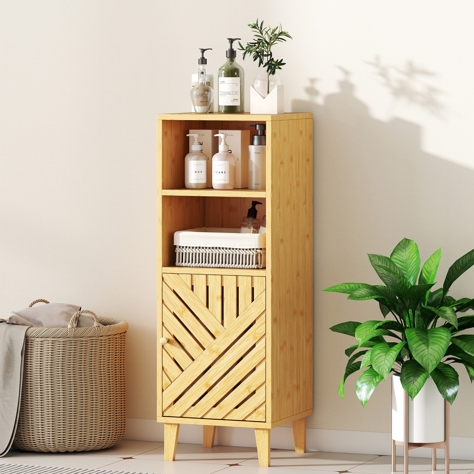 Meuble de salle de bain, meuble de rangement, armoire salle de bain avec 1 placard, 2 compartiment ouvert, porte et pieds en bambou, 32 x 30 x 90 cm, effet bois naturel