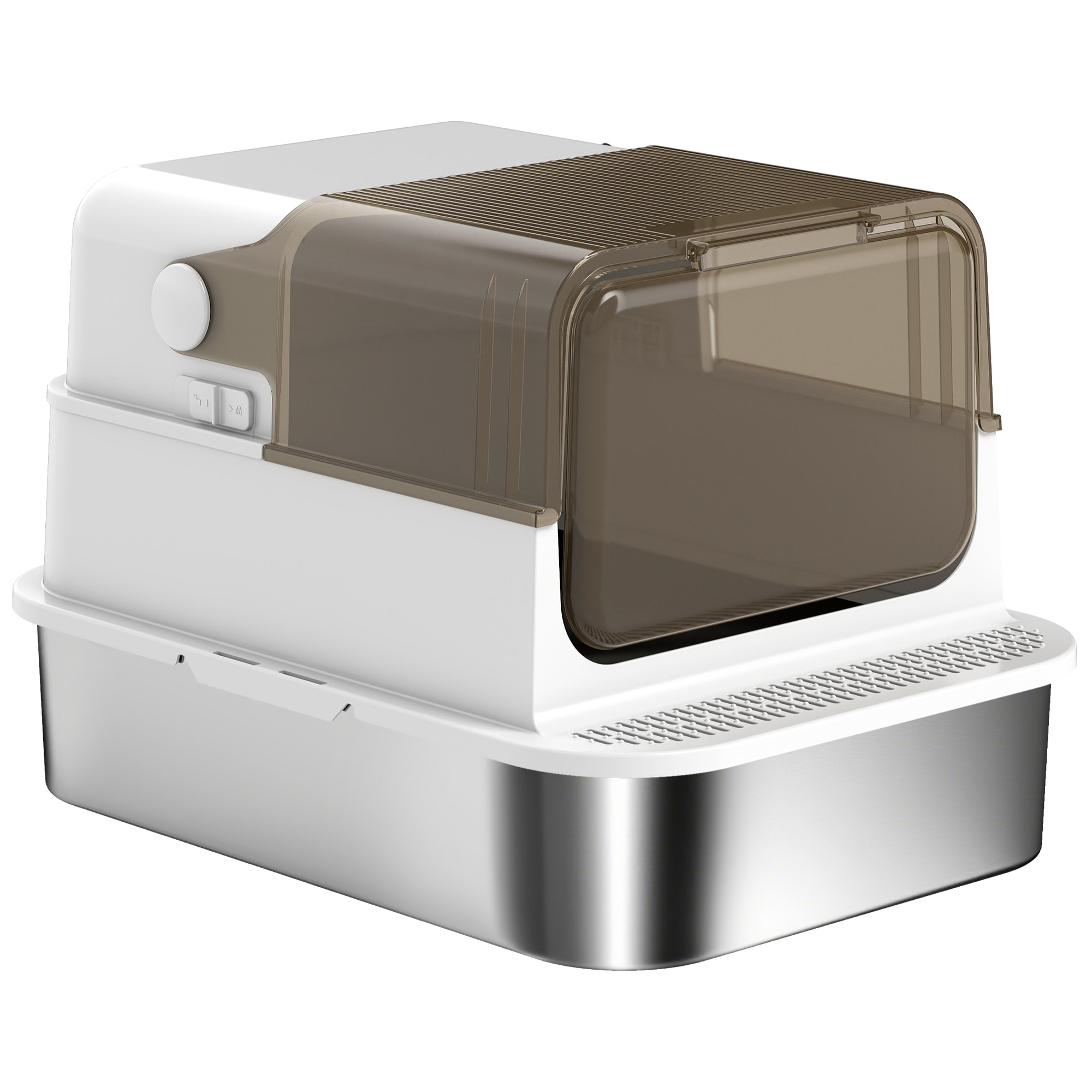 Maison de toilette bac à litière fermé acier inox - pelle, couvercle ouvrant, désodorisant - blanc fumé