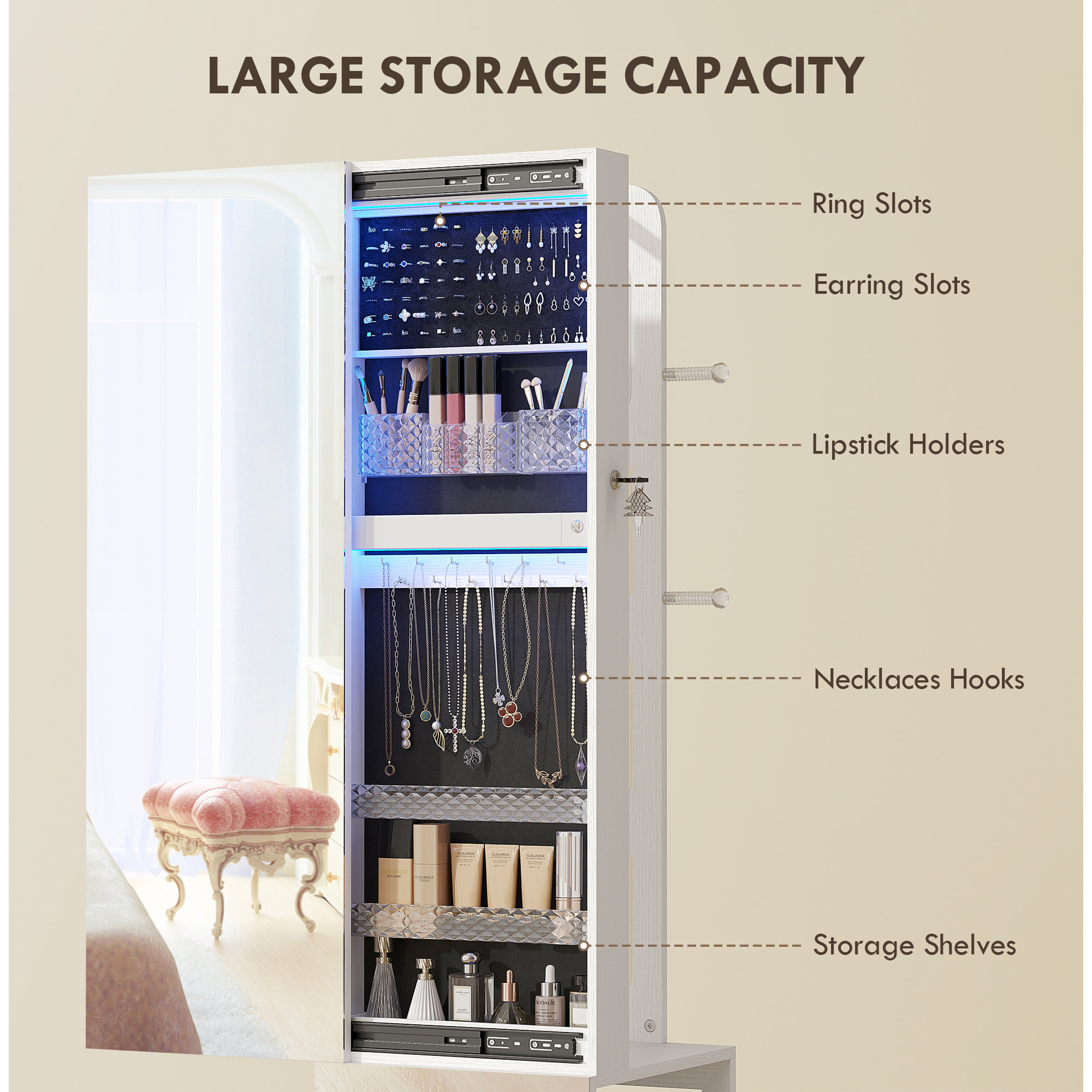 Armoire à bijoux LED miroir penderie multi-rangement 3 en 1 dim. 40 x 37 x 165 cm effet bois blanc