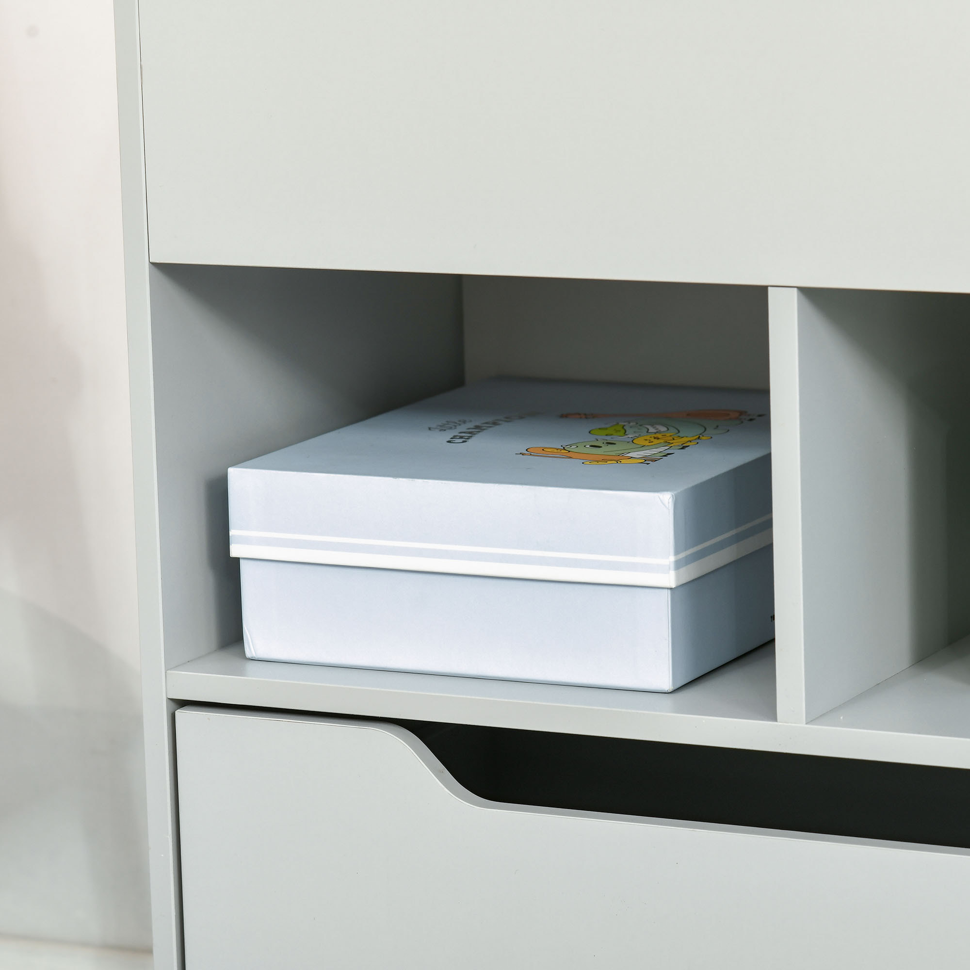 Bibliothèque étagère multi-rangement 3 étagères 2 niches grand tiroir MDF gris clair