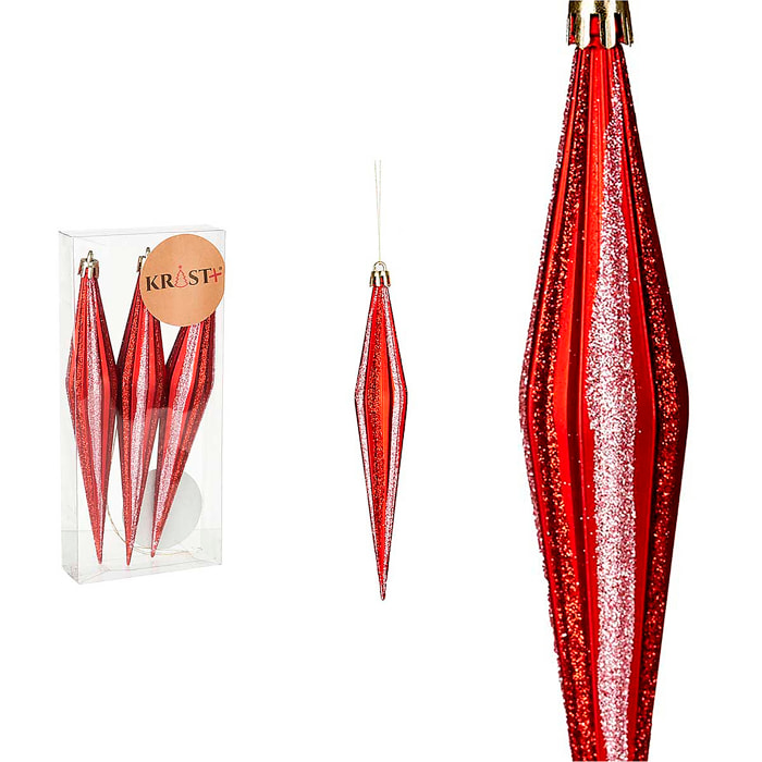 Set de 3 adornos navideños alargados de 17cm en colores rojo y rosa claro.