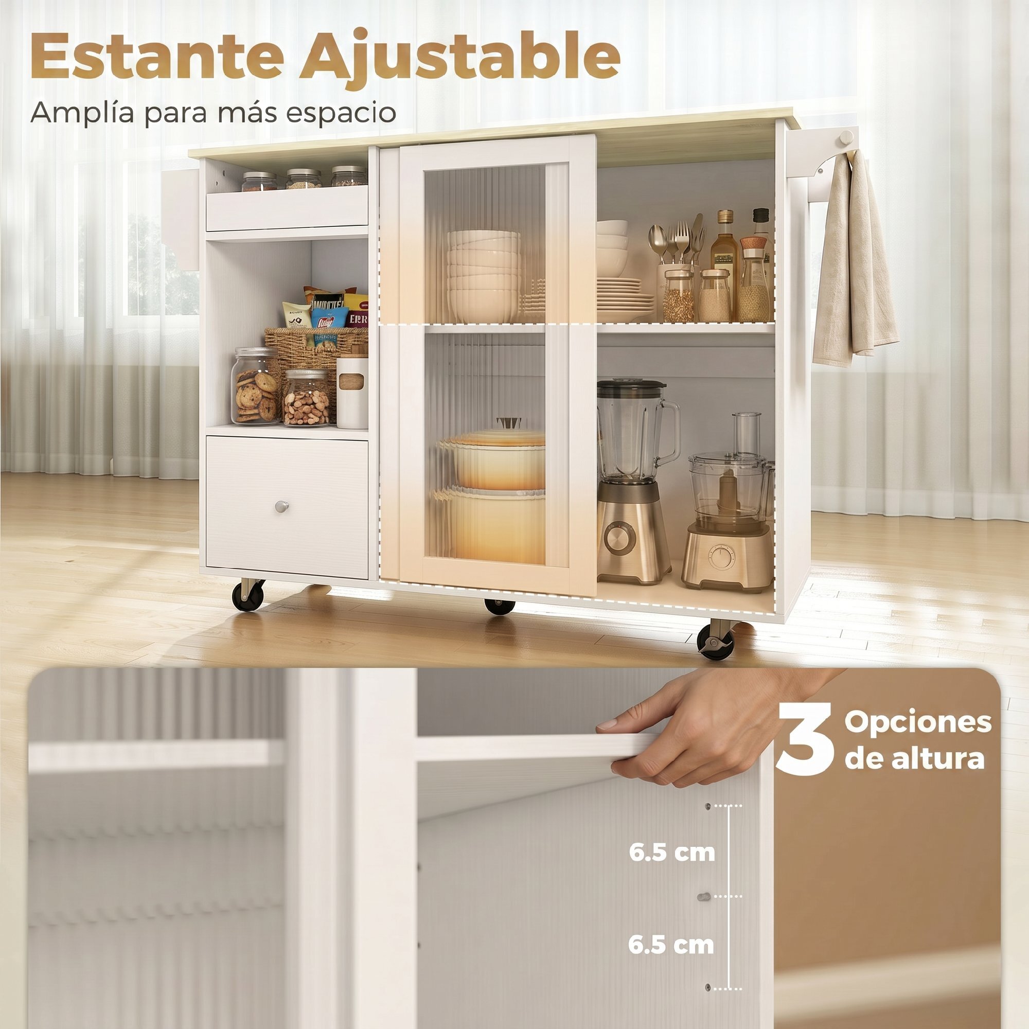 Isla de Cocina con Encimera Abatible, Carrito de Cocina con Puertas Correderas de Vidrio, Botellero, Ruedas, Cajón, Especiero y Estante Ajustable, Blanco y Roble