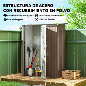 Caseta de Jardín 1,07 m² 142x86x189 cm Cobertizo Exterior Metálico con Puerta Cerradura y Orificios de Drenaje para Almacenamiento de Herramientas Marrón