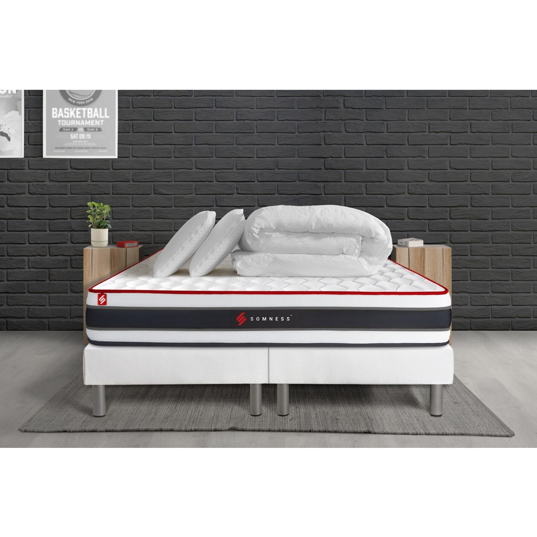 Pack matelas ENERGY + sommiers blanc + Couette + 2 oreillers