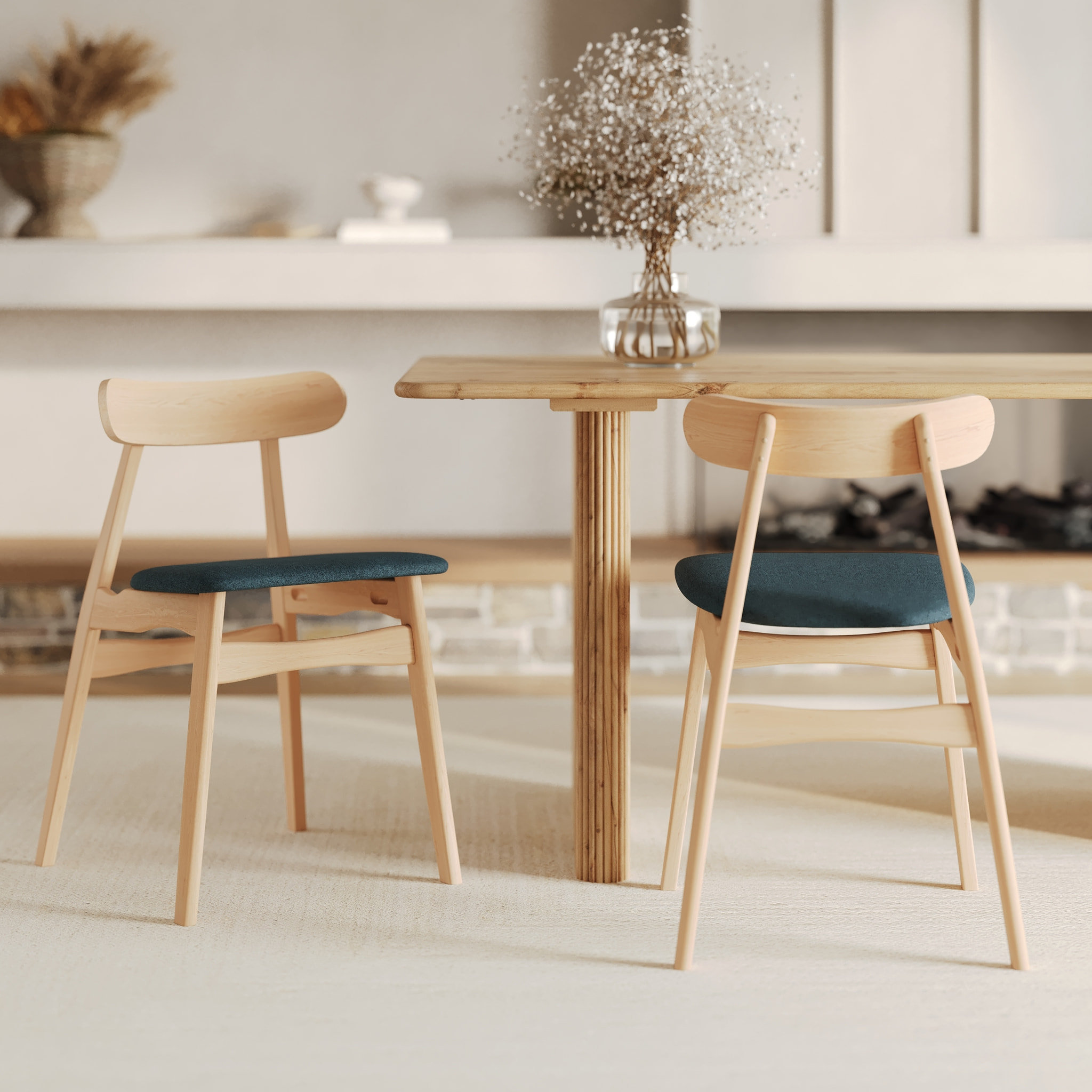 Lot de 2 chaises en tissu bleu et bois d'hévéa - Lisette