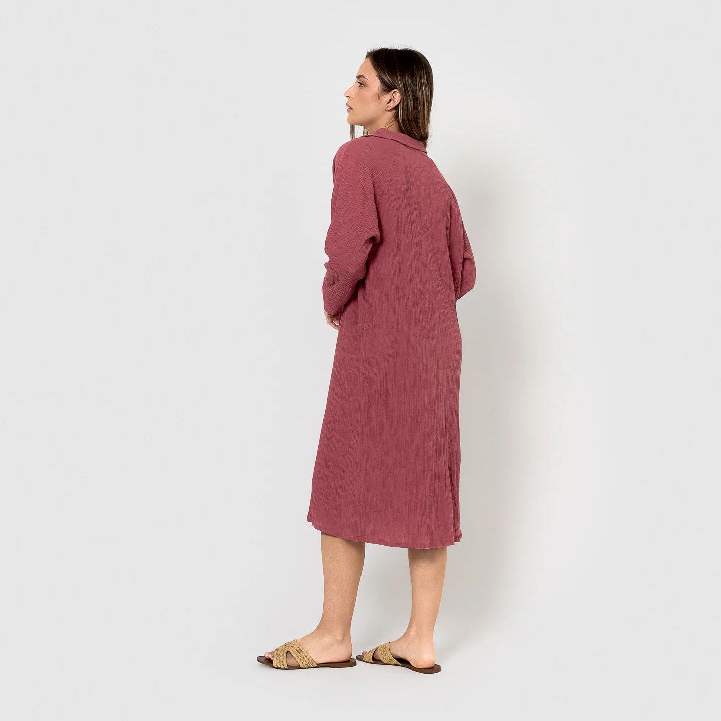 Vestido midi algodón lino malva/rosa