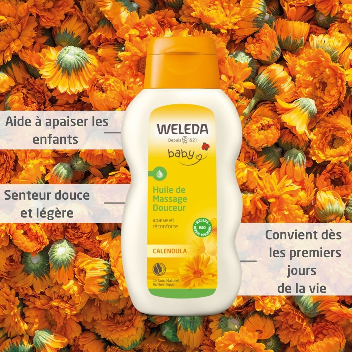 WELEDA - Duo Huile de Massage Douceur au calendula  - Eveil et soin - Vegan* - Certifié Natrue**- Flacon 200 ml x 2