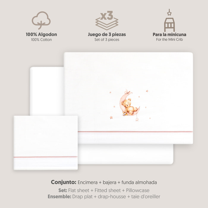 Triptico Minicuna Estampado Oso Luna Estrellas Bco/Rosa