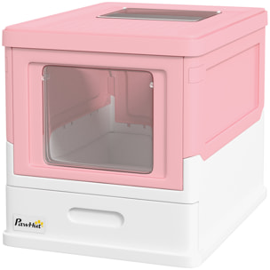 Maison de toilette pliable pour chat - tiroir à litière coulissant, porte battante et trappe transparente, pelle - blanc rose