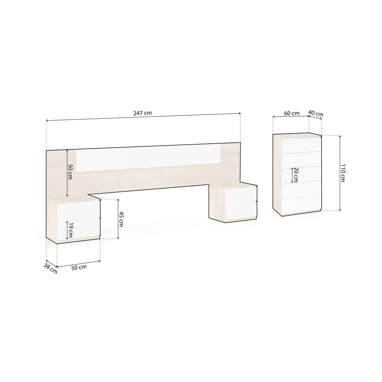 Dormitorio compuesto por 4 piezas en blanco artik y roble canadian Akari 5C Blanco Artik (Blanco Mate) - Roble Canadian