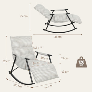 Silla Mecedora con Respaldo y Reposapiés Ajustables, Mecedora Sillón Balancín 105°, Tapizada en Lino, con Bolsillo Lateral y Marco de Metal, Carga 120 kg, para Dormitorio, Salón, Gris y Blanco