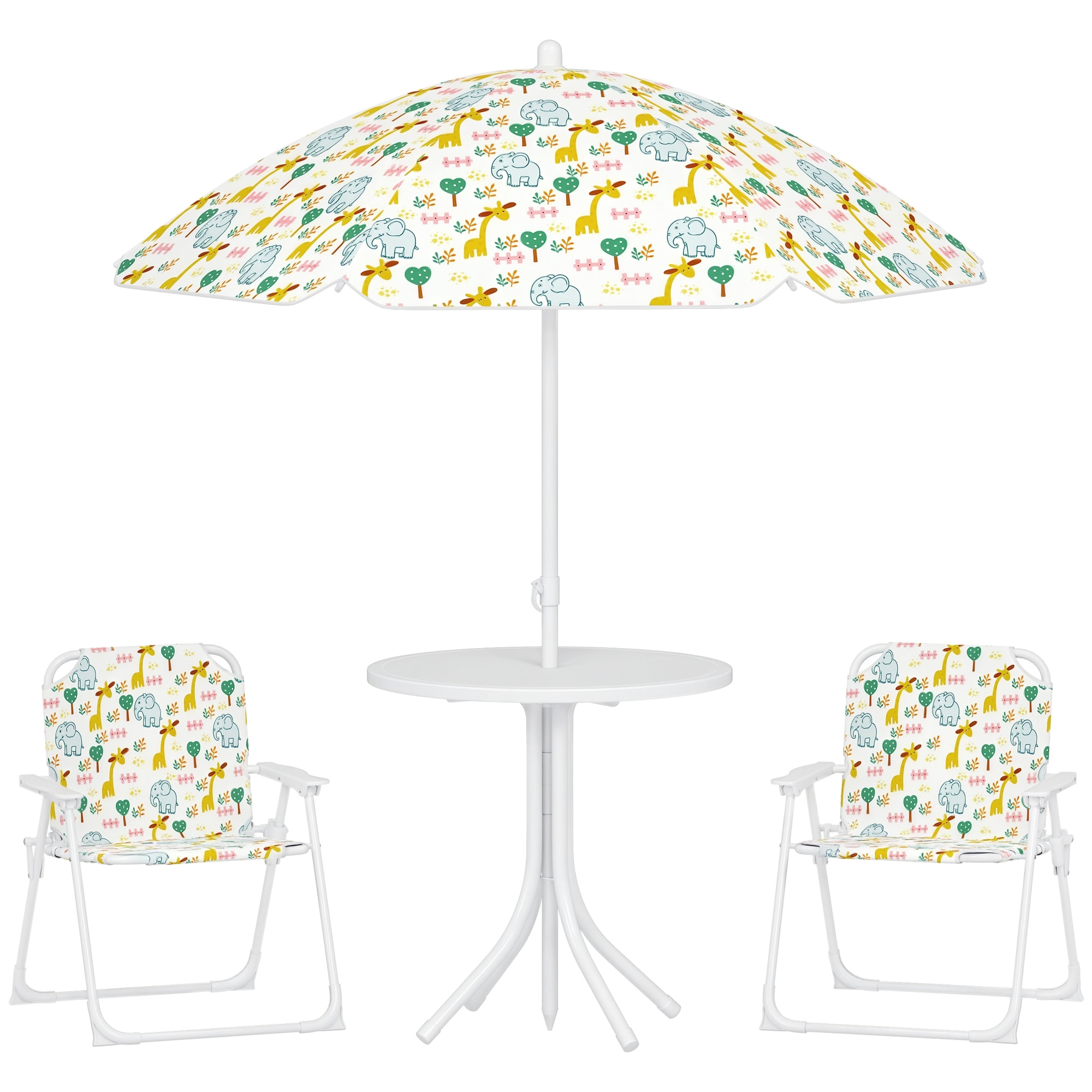 Conjunto de Mesa y Sillas Infantil de Jardín de 4 Piezas, Mesa Infantil con Sillas Plegables, Sombrilla Ajustable, Diseño de Elefantes y Jirafas, para Patio, Pícnic, Blanco
