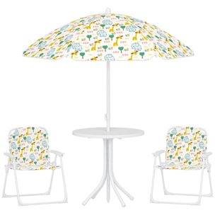 Conjunto de Mesa y Sillas Infantil de Jardín de 4 Piezas, Mesa Infantil con Sillas Plegables, Sombrilla Ajustable, Diseño de Elefantes y Jirafas, para Patio, Pícnic, Blanco