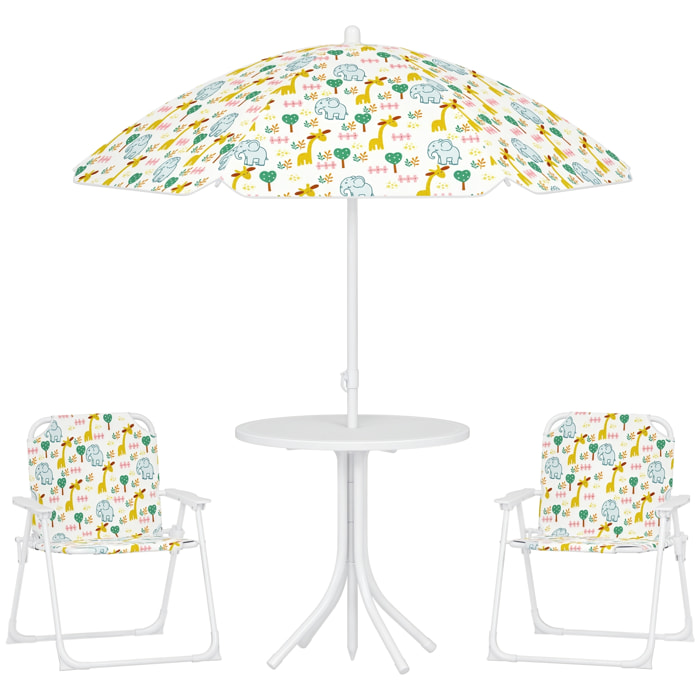 Conjunto de Mesa y Sillas Infantil de Jardín de 4 Piezas, Mesa Infantil con Sillas Plegables, Sombrilla Ajustable, Diseño de Elefantes y Jirafas, para Patio, Pícnic, Blanco