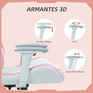 HOMCOM Silla Gaming Reclinable Silla Gamer Giratoria con Cojín Lumbar Reposabrazos Ajustable Reposacabezas Extraíble Basculante y Altura Ajustable para Oficina Estudio 67x60x120-128 cm Blanco y Rosa