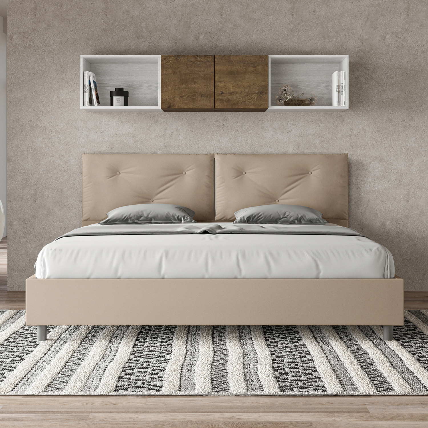 Lit king size coffre rembourré 200x210 similicuir taupe Appia Large