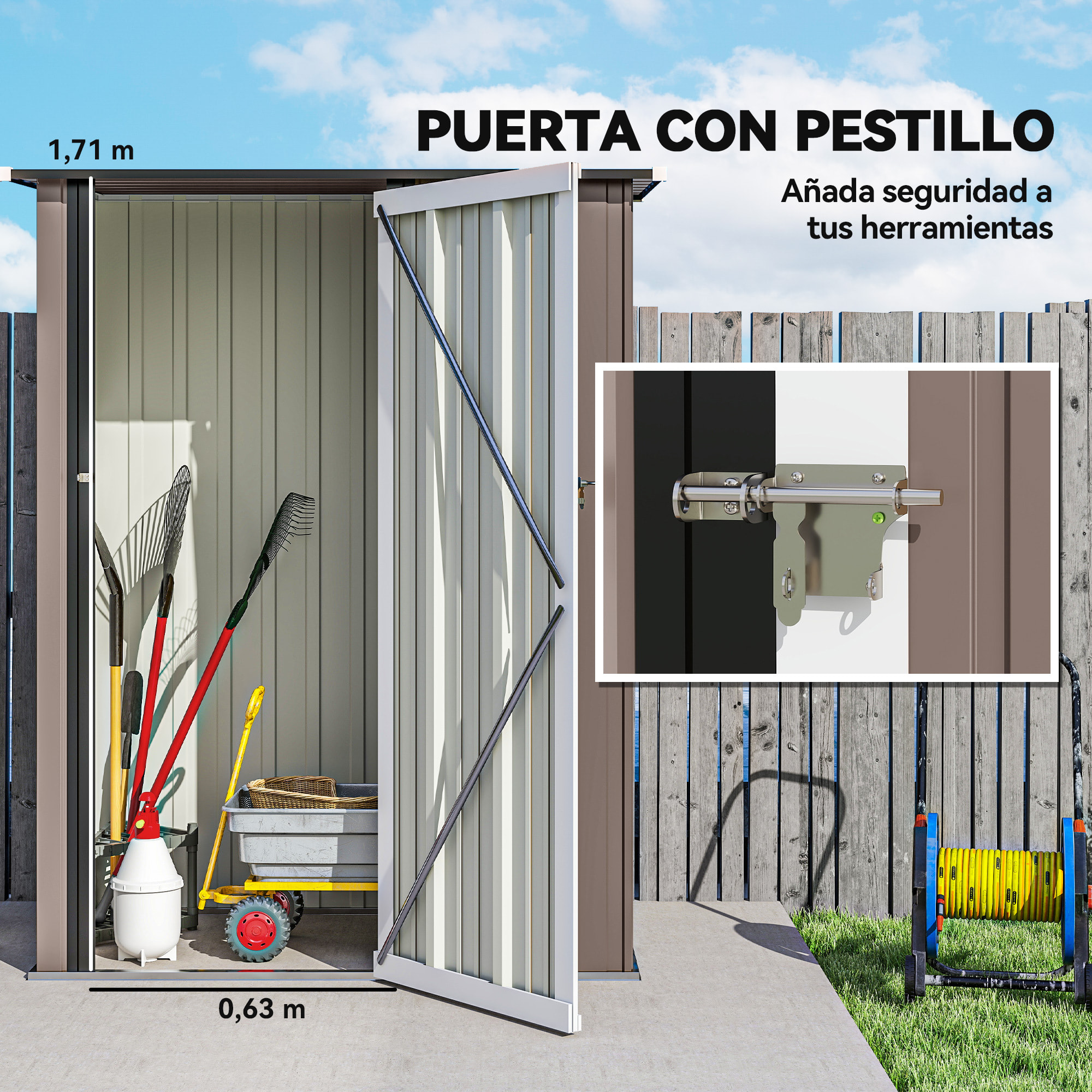 Caseta de Jardín 1,07 m² 142x86x189 cm Cobertizo Exterior Metálico con Puerta Cerradura y Orificios de Drenaje para Almacenamiento de Herramientas Marrón