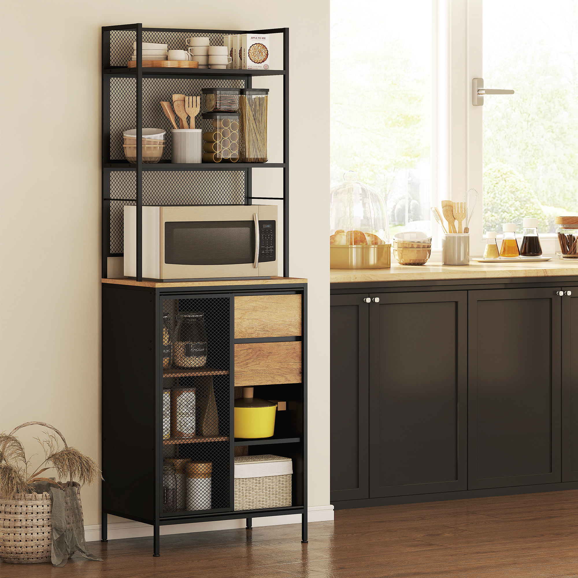 Buffet haut cuisine, armoire de cuisine avec plan de travail, porte coulissante en maille, tiroirs et étagères ouvertes, meuble de rangement industriel, 60x40x180cm, bois naturel et noir
