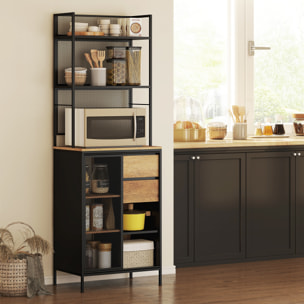 Buffet haut cuisine, armoire de cuisine avec plan de travail, porte coulissante en maille, tiroirs et étagères ouvertes, meuble de rangement industriel, 60x40x180cm, bois naturel et noir