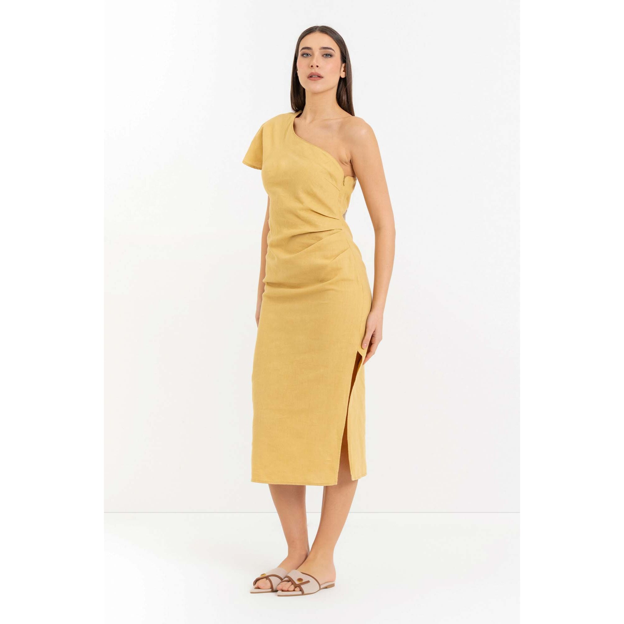 Kocca - Abito midi monospalla in lino e cotone con spacco Donna