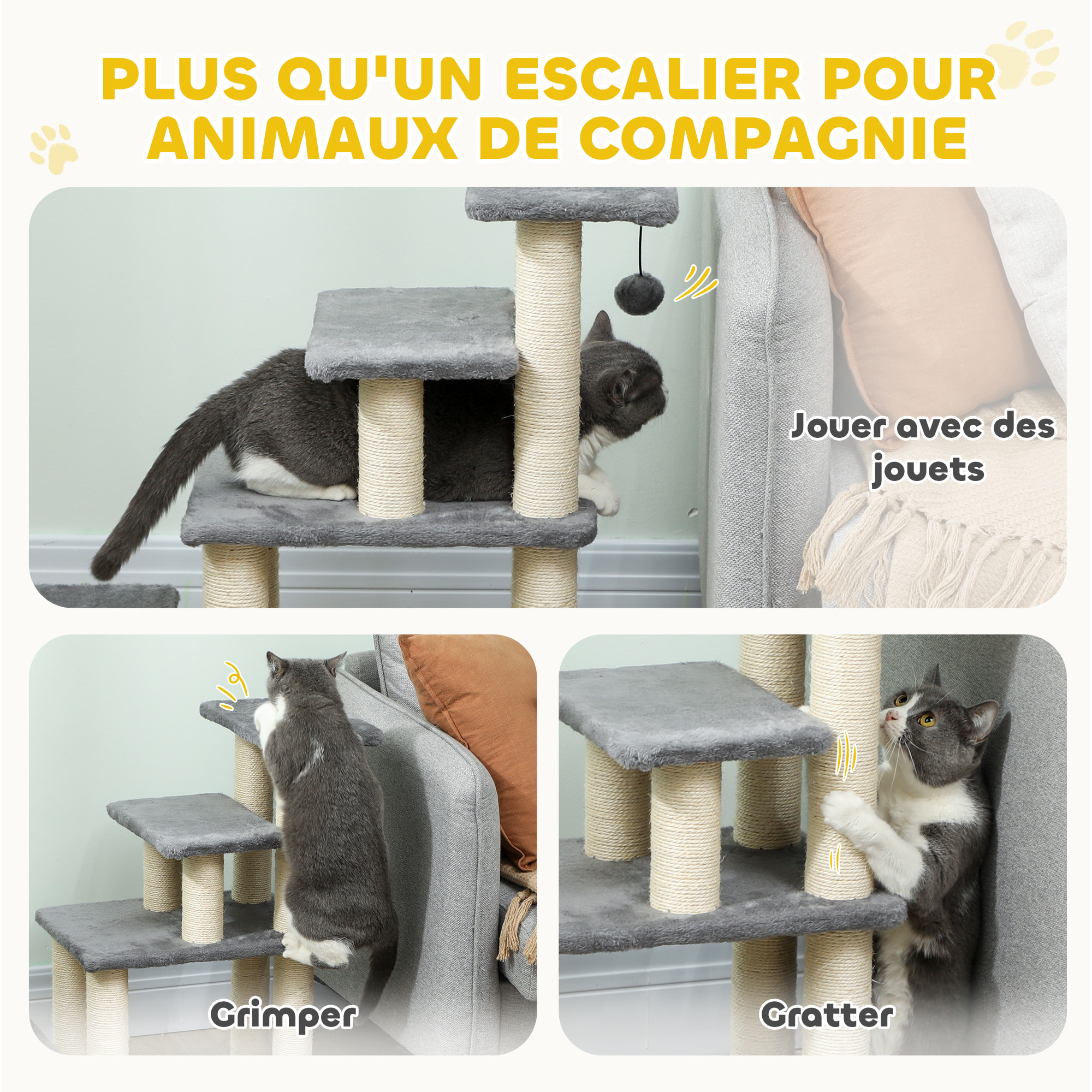 Escalier pour chat 4 marches - 8 poteaux griffoirs, jeu boule suspendue - sisal peluche gris