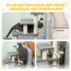 Escalier pour chat 4 marches - 8 poteaux griffoirs, jeu boule suspendue - sisal peluche gris