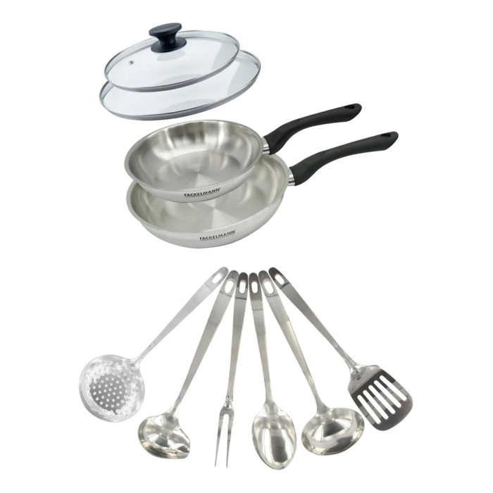 Set 2 poêles en inox, couvercle verre et 6 ustensiles inox Fackelmann Geneva