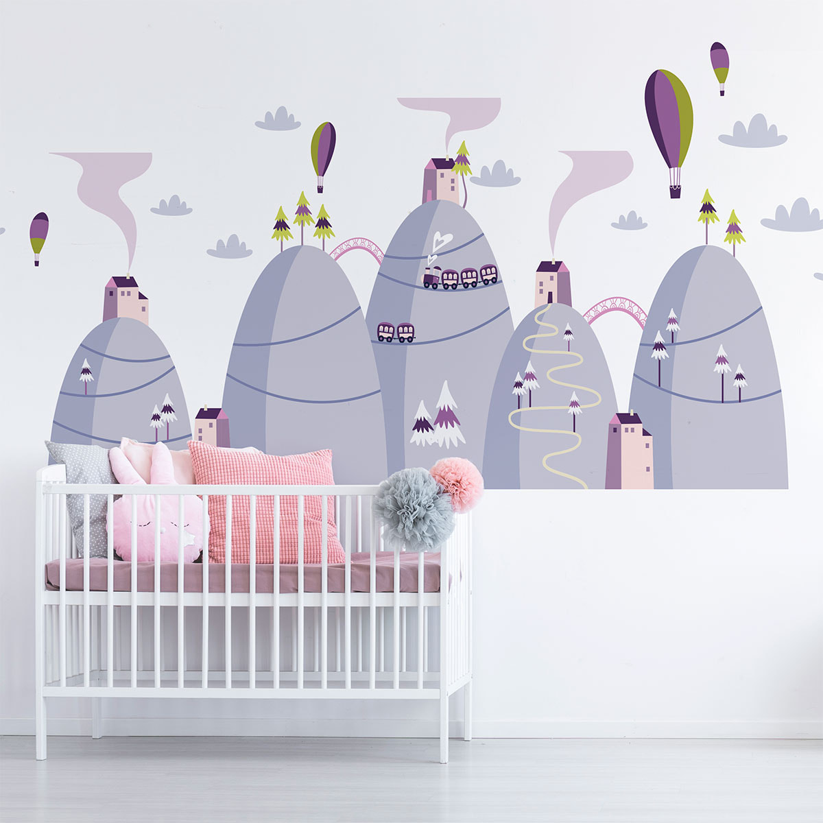 Stickers muraux enfants - Décoration chambre bébé - Autocollant Sticker mural géant enfant montagnes scandinaves MONTGOLFIÈRES LIBRES DANS L'AIR