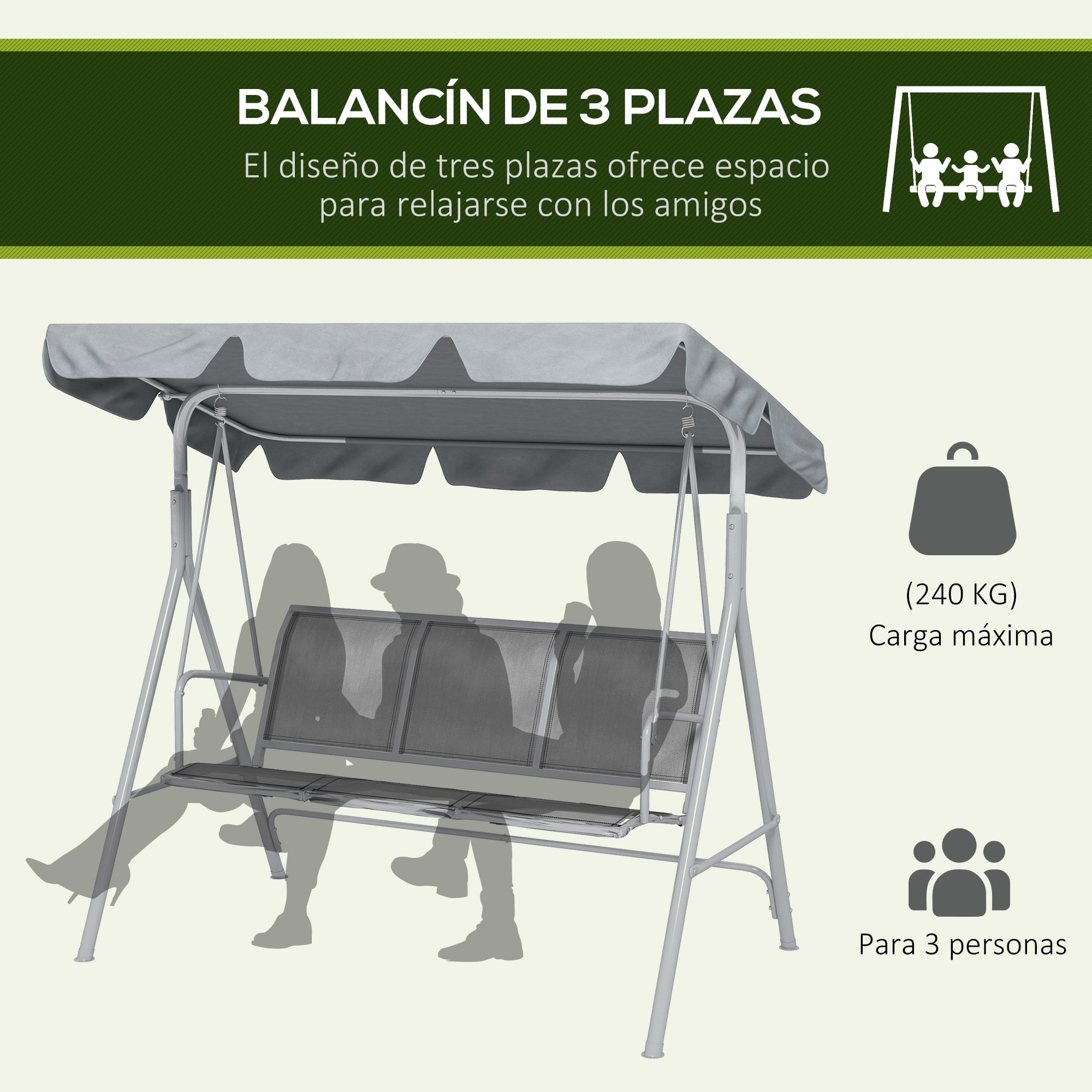 Outsunny Balancín Jardín Exterior Columpio Exterior de 3 Plazas con Toldo Ajustable Respaldo Transpirable y Marco de Metal para Terraza Balcón Carga 240 kg 171x108x154 cm Gris