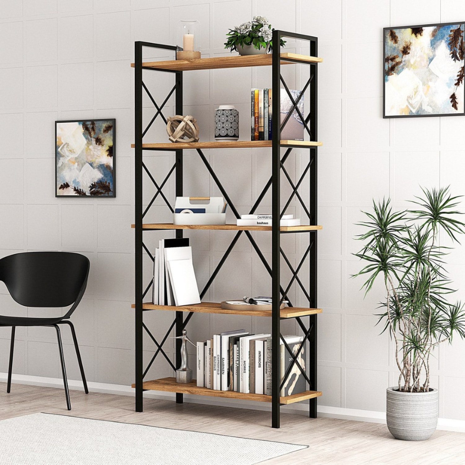 MILI - Bibliothèque design en métal - 5 étagères - bois et noir